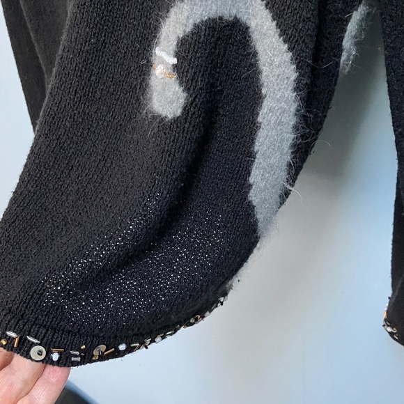 VTG Coldwater Creek Black Zip Front Embellished Abstract Novelty Cat 1X Sweater - Picture 10 of 13